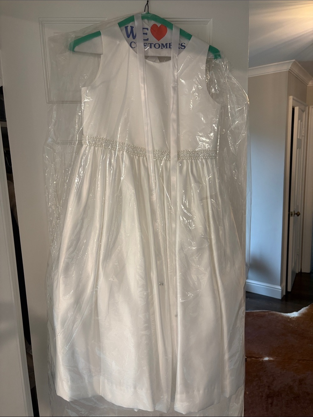 Us Angels White Satin Beaded Waist Flower Girl Dress